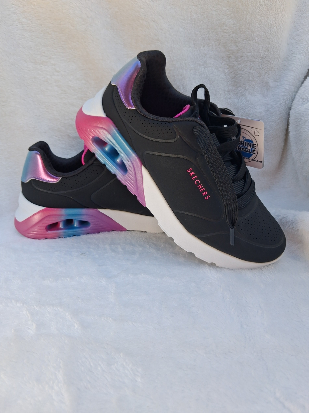 Skechers Girls Size 3.5 Black Sneakers with Pink and Blue Gradient Heel
